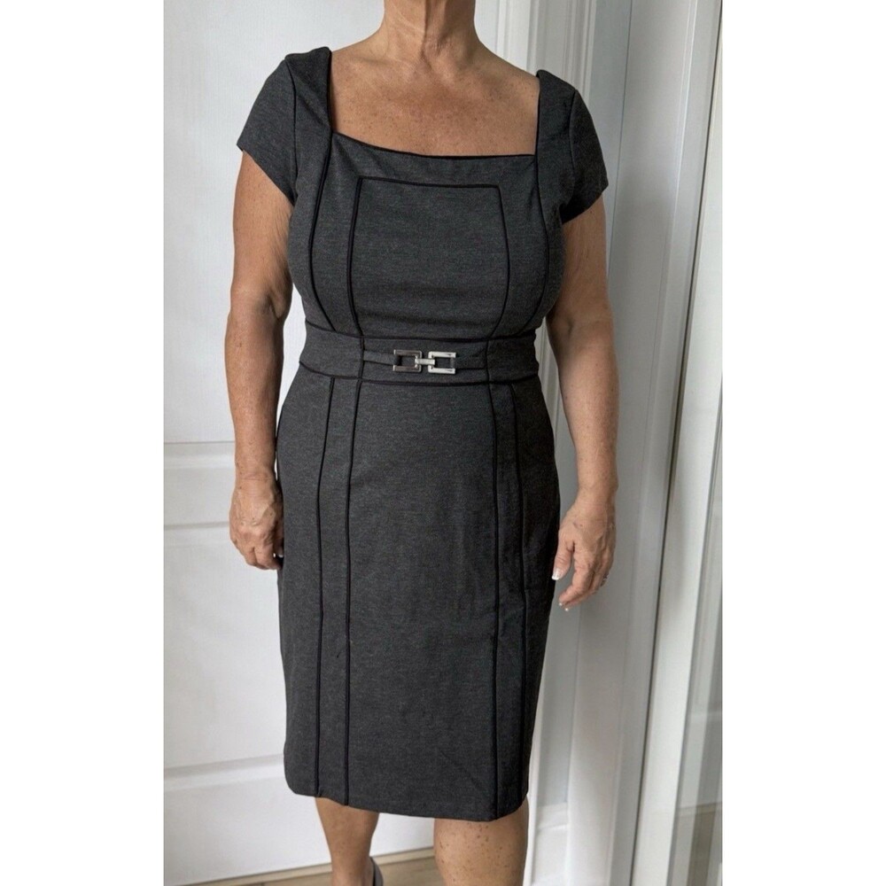 White House Black Market Black Cotton Blend Belt Dress Size 14 Sleeveless EUC